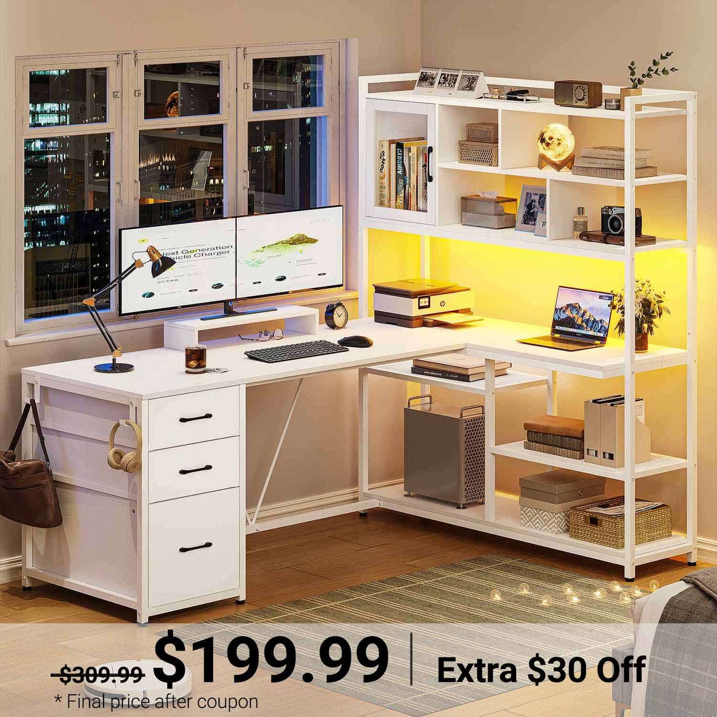 58 Inches L Shaped LED Gaming Desk White