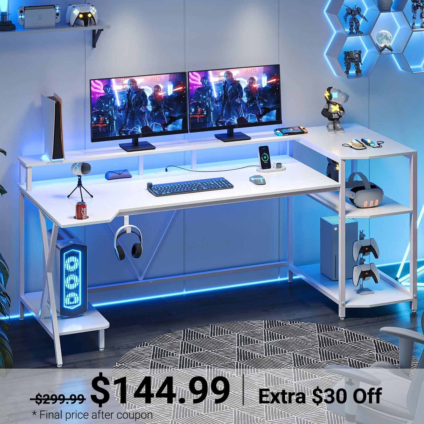70.8 Inches Large PC Gaming Desk with Storage Shelves White