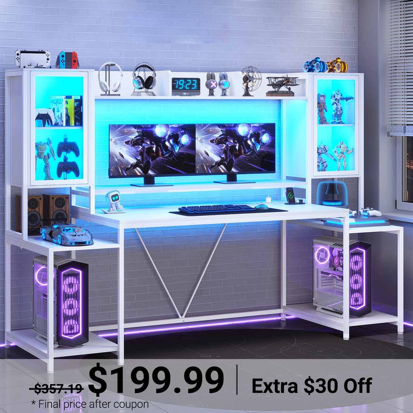 74.8 Inches Ergonomic Gaming Desk White