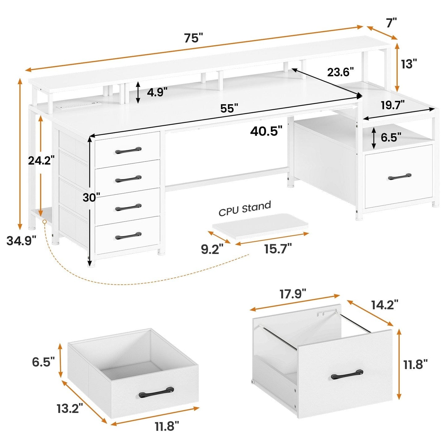 75 Inches Led Gaming Desk with Power Outlet and Monitor Shelf White
