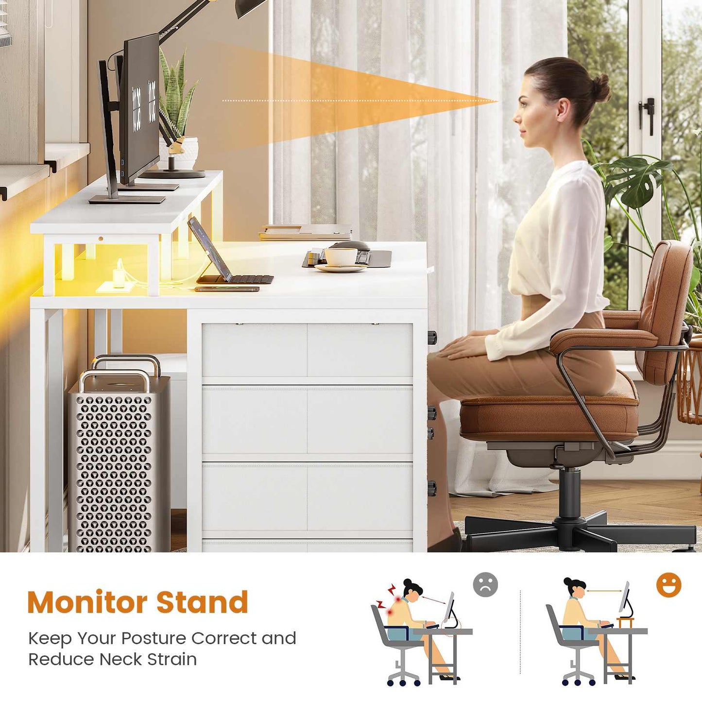 75 Inches Led Gaming Desk with Power Outlet and Monitor Shelf White
