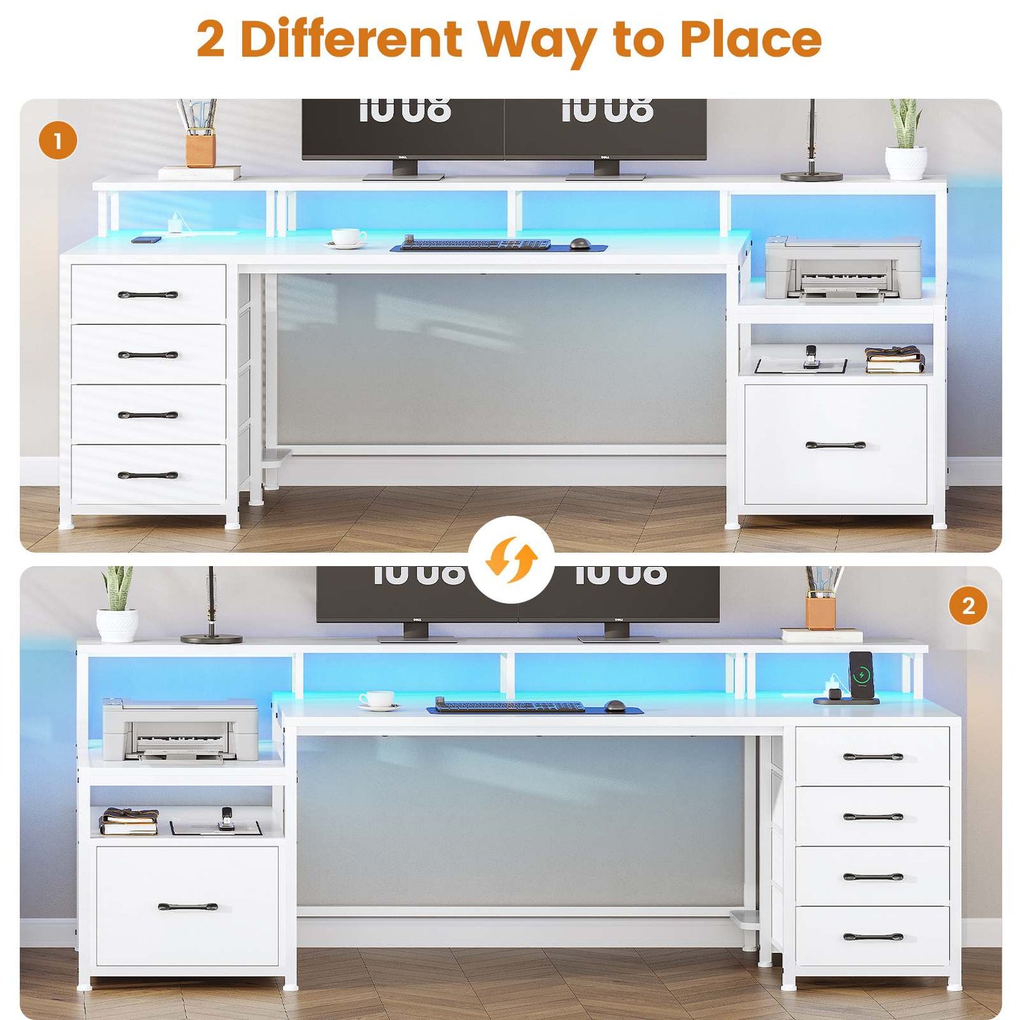 75 Inches Led Gaming Desk with Power Outlet and Monitor Shelf White