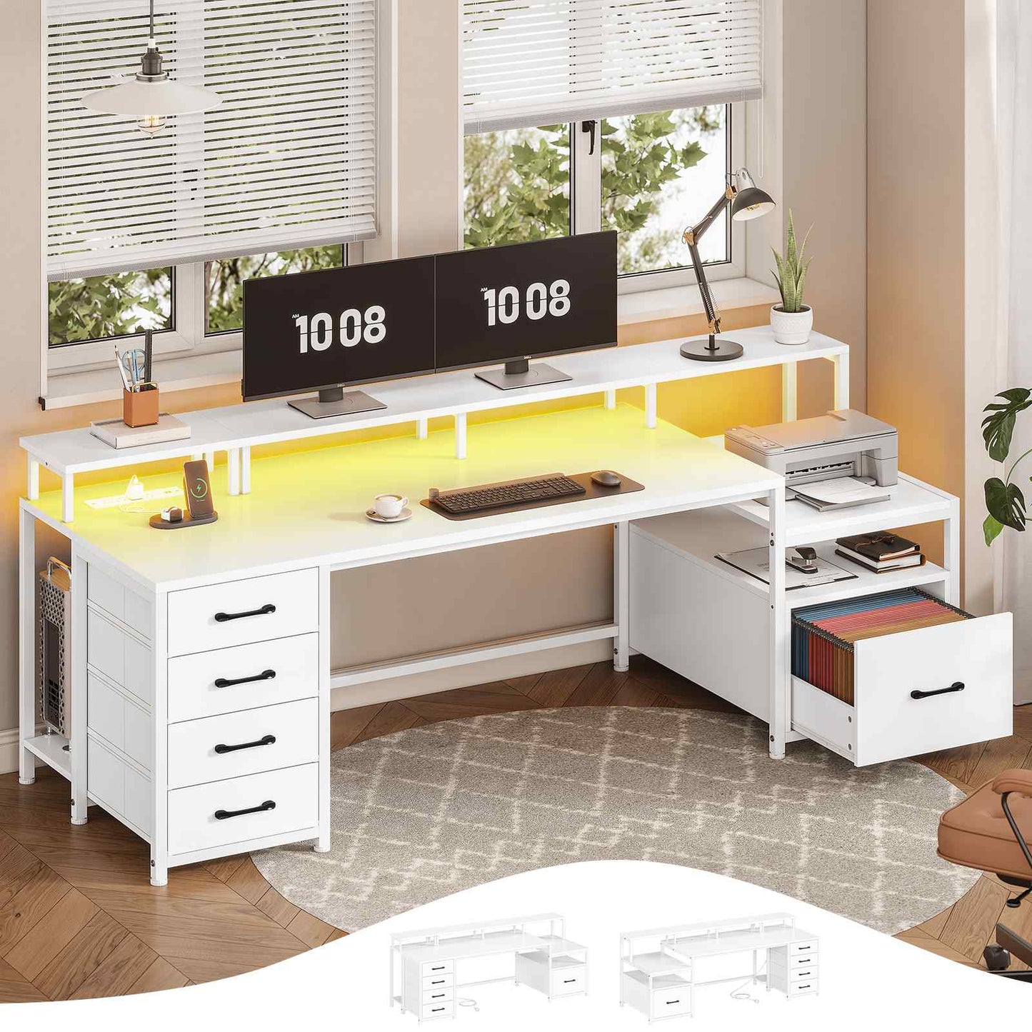 75 Inches Led Gaming Desk with Power Outlet and Monitor Shelf White