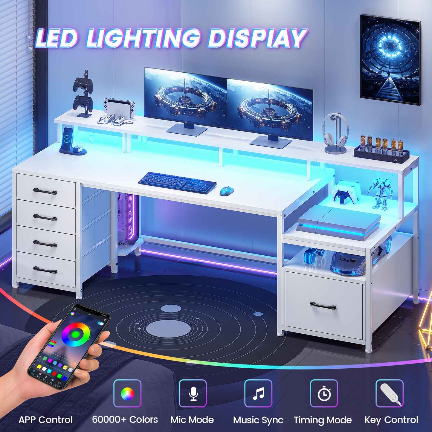 75 Inches Led Gaming Desk with Power Outlet and Monitor Shelf White
