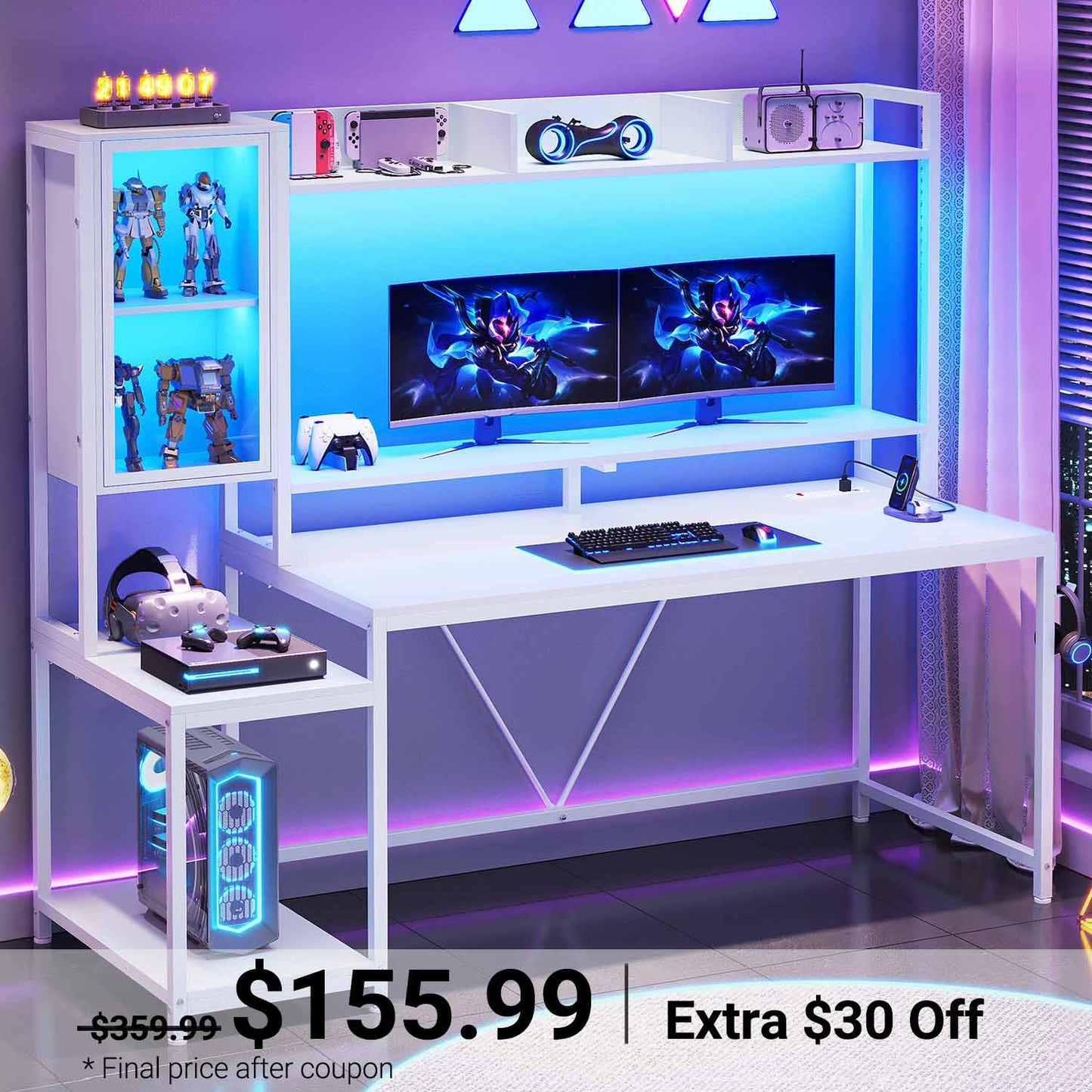 60 Inches LED Gaming Desk With Power Outlet White