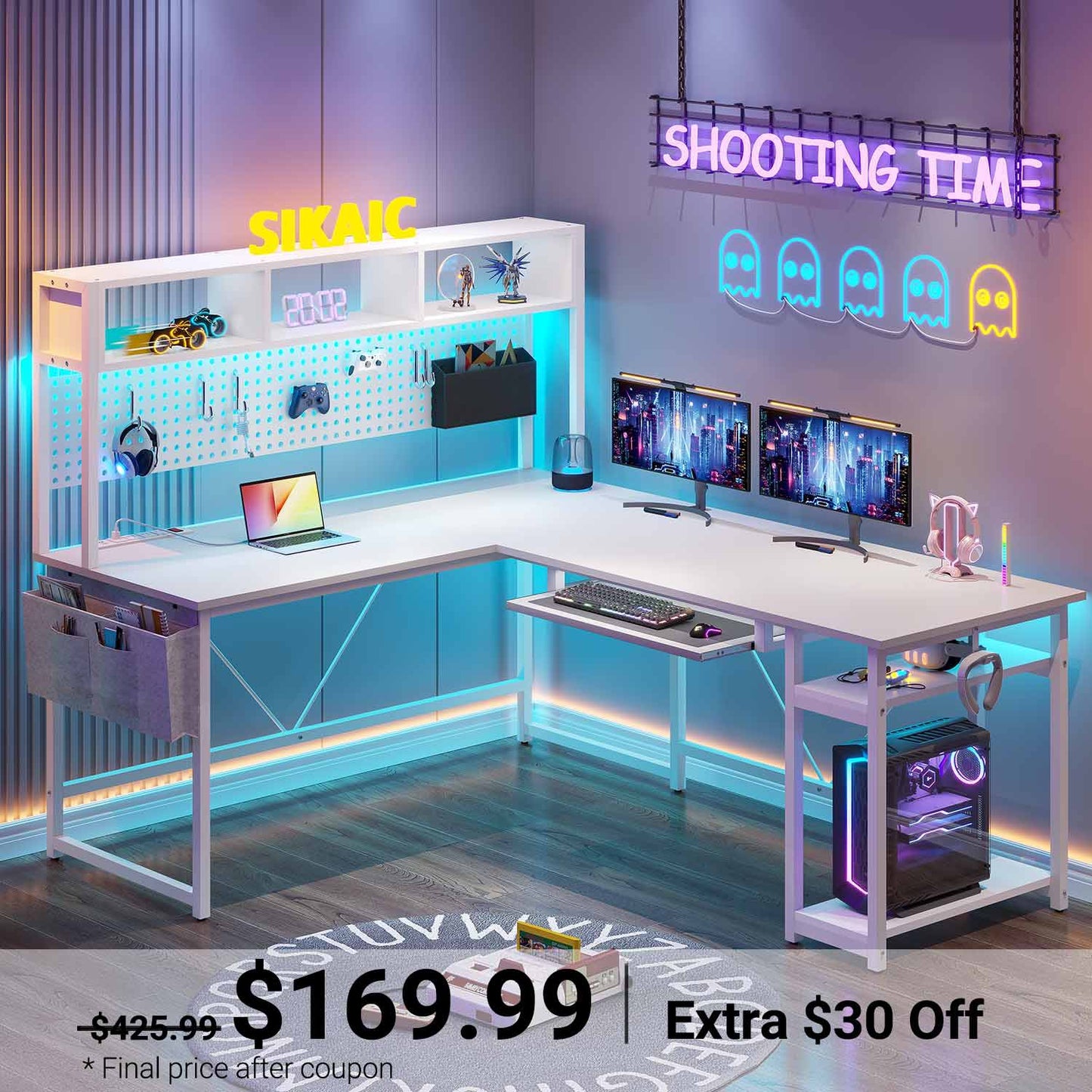L Shaped Reversible Gaming Desk With LED Lights White