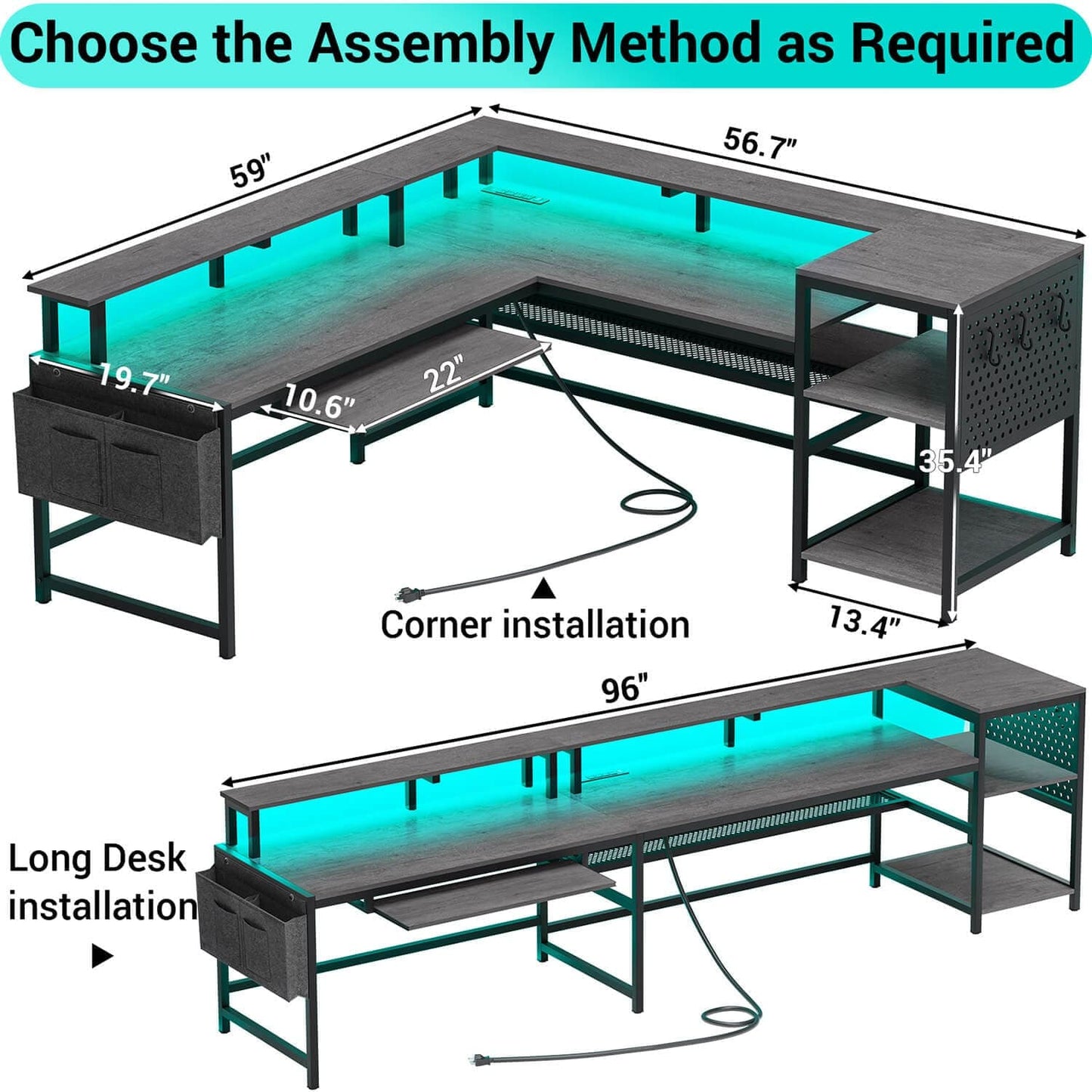 96 Inches L Shaped Reversible LED Gaming Desk Grey