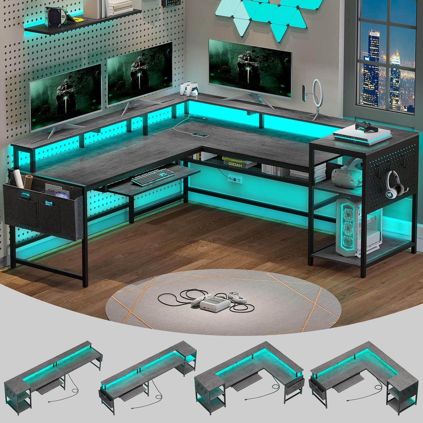 96 Inches L Shaped Reversible LED Gaming Desk Grey