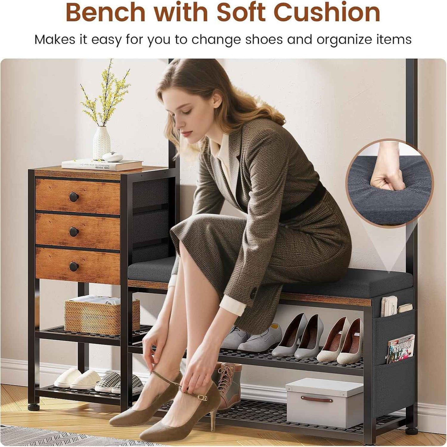 5-in-1 Entryway Hall Tree with Bench and Shoe Storage Rustic Brown