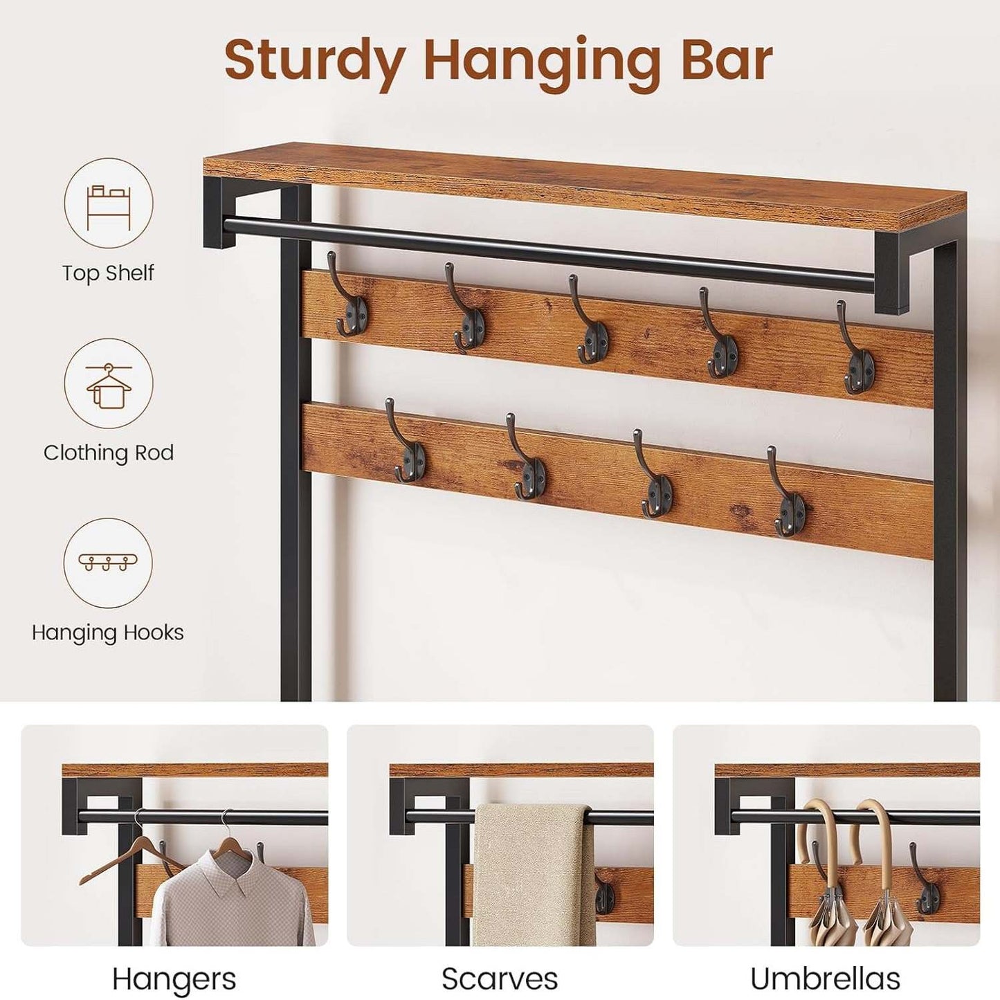 5-in-1 Entryway Hall Tree with Bench and Shoe Storage Rustic Brown