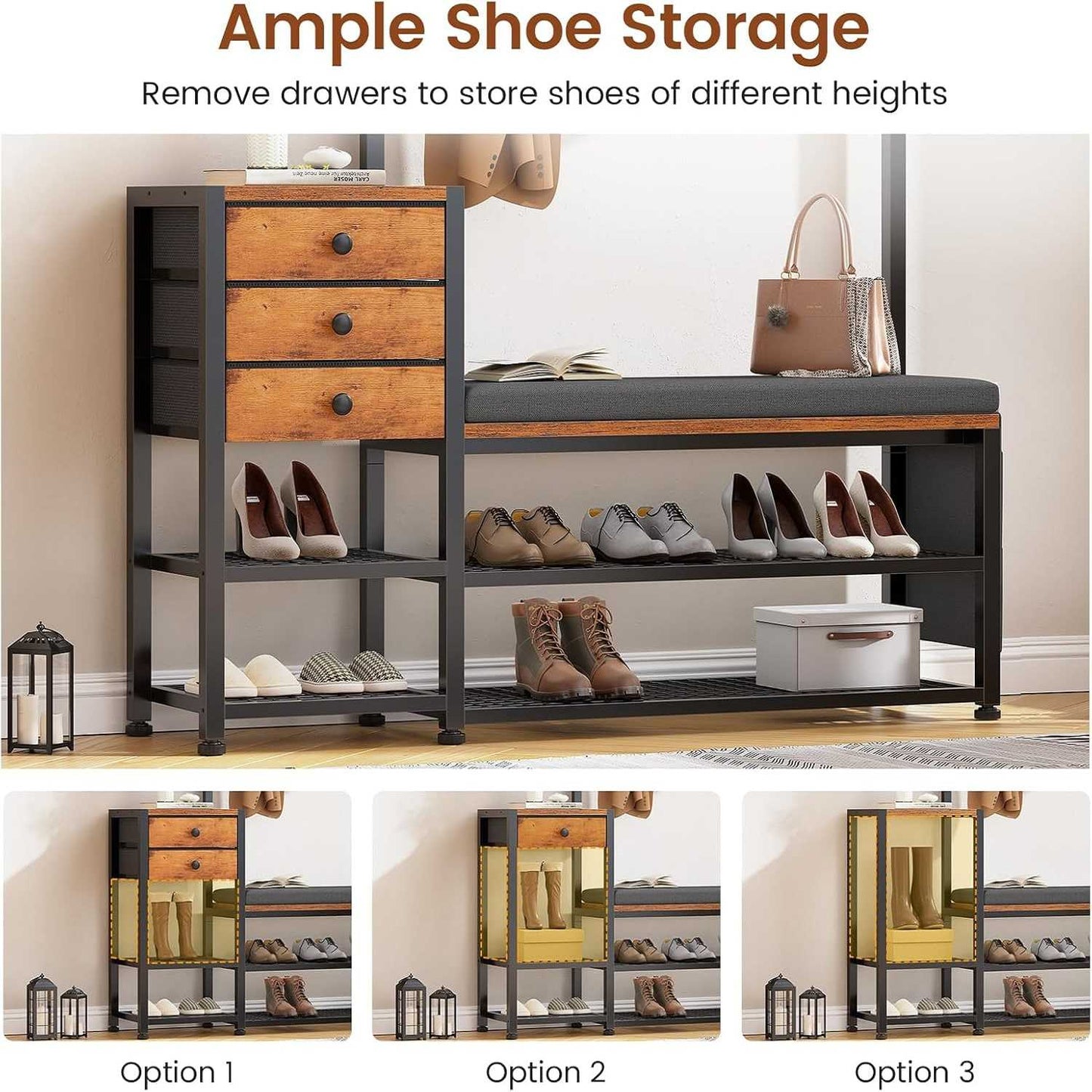 5-in-1 Entryway Hall Tree with Bench and Shoe Storage Rustic Brown