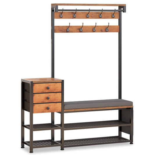 5-in-1 Entryway Hall Tree with Bench and Shoe Storage Rustic Brown