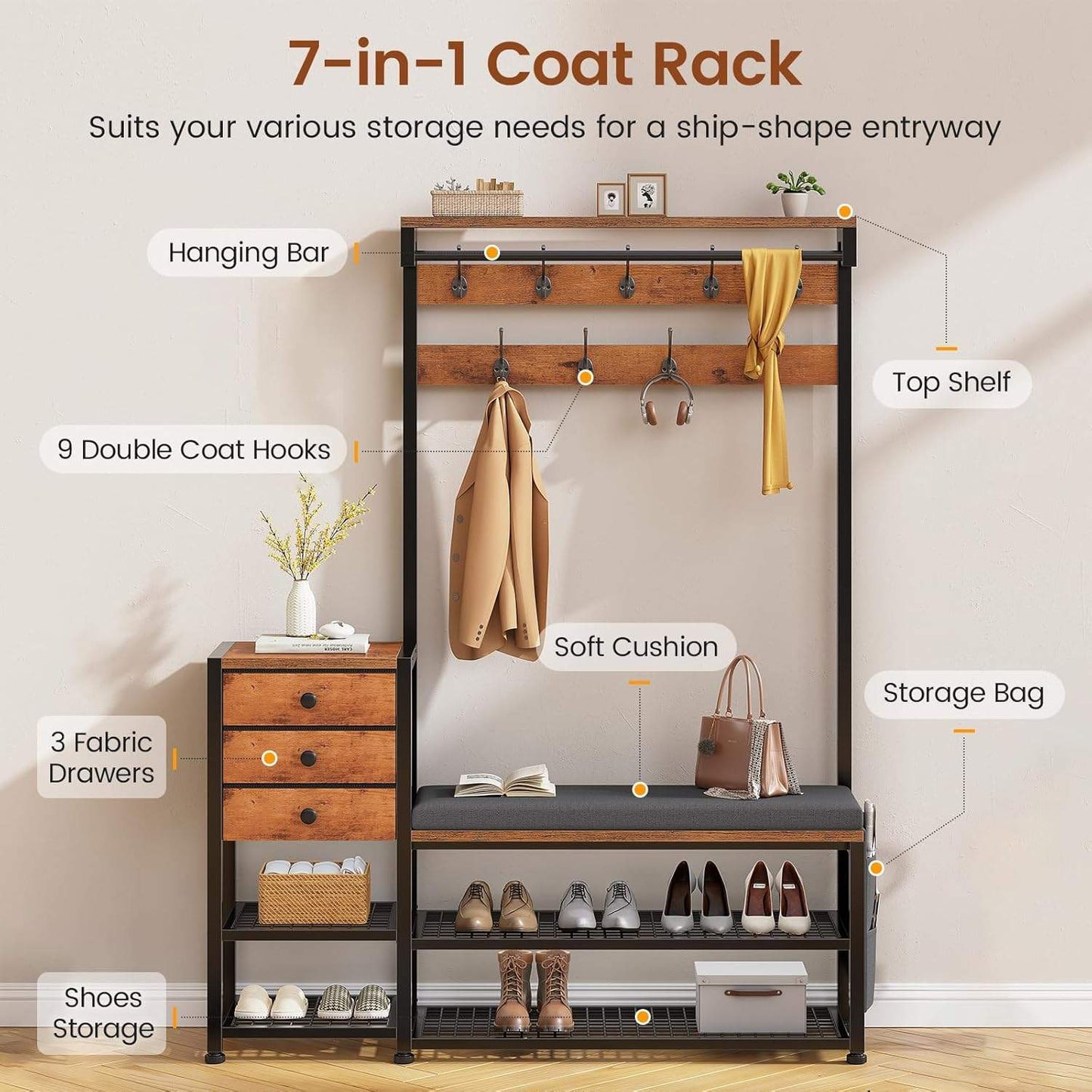 5-in-1 Entryway Hall Tree with Bench and Shoe Storage Rustic Brown