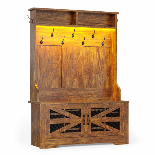 43.3 Inches Hall Tree with Bench and Shoe Storage Rustic Brown