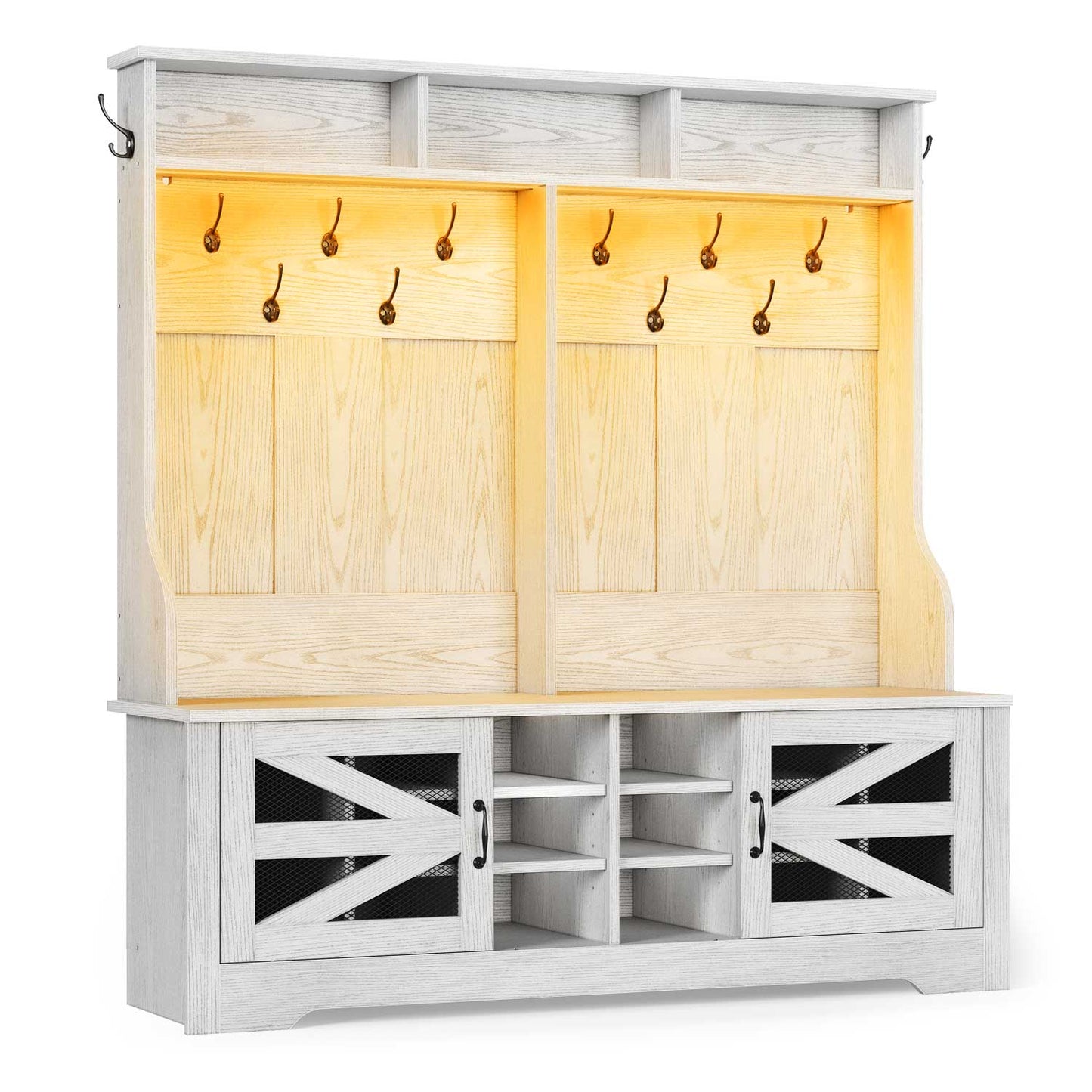 59.1 Inches 5-in-1 Hall Tree with 16 Shoe Cubbies Embossed White