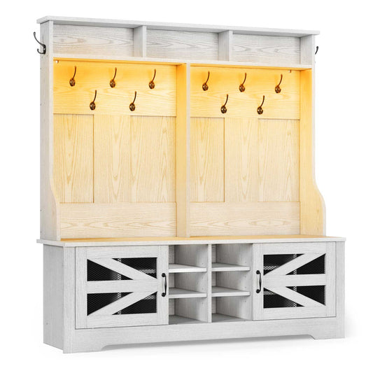59.1 Inches 5-in-1 Hall Tree with 16 Shoe Cubbies Embossed White