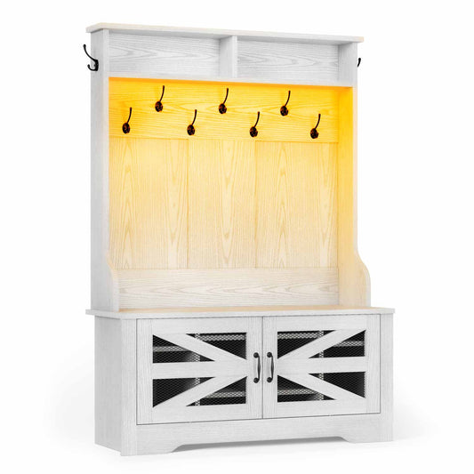 43.3 Inches Hall Tree with Bench and Shoe Storage Embossed White