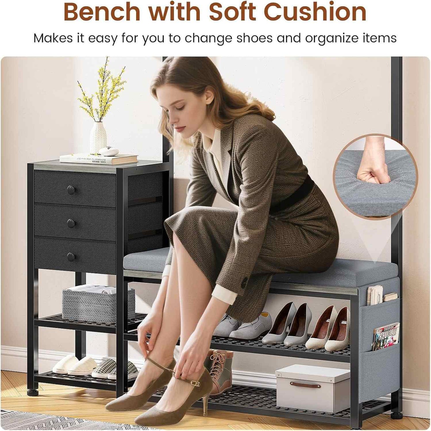 5-in-1 Entryway Hall Tree with Bench and Shoe Storage Grey