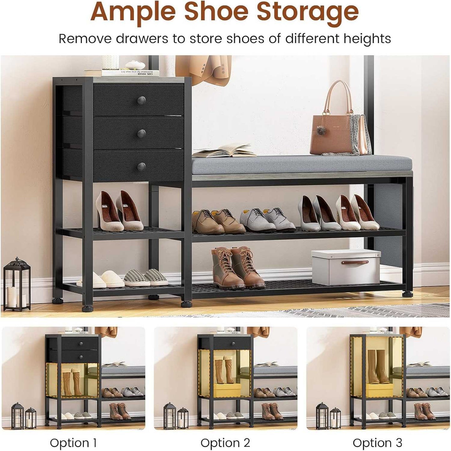 5-in-1 Entryway Hall Tree with Bench and Shoe Storage Grey
