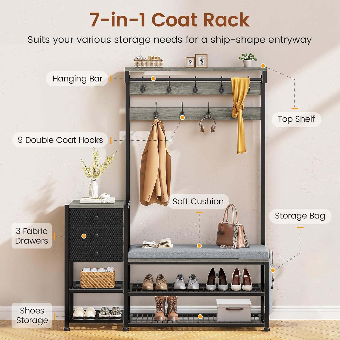 5-in-1 Entryway Hall Tree with Bench and Shoe Storage Grey