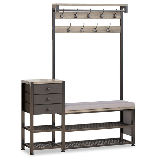 5-in-1 Entryway Hall Tree with Bench and Shoe Storage Grey