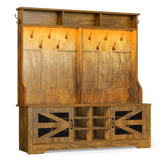 59.1 Inches 5-in-1 Hall Tree with 16 Shoe Cubbies Rustic Brown