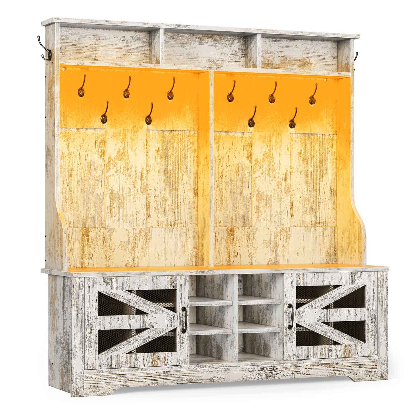 59.1 Inches 5-in-1 Hall Tree with 16 Shoe Cubbies Vintage White