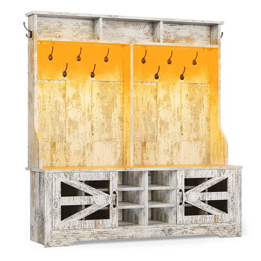 59.1 Inches 5-in-1 Hall Tree with 16 Shoe Cubbies Vintage White