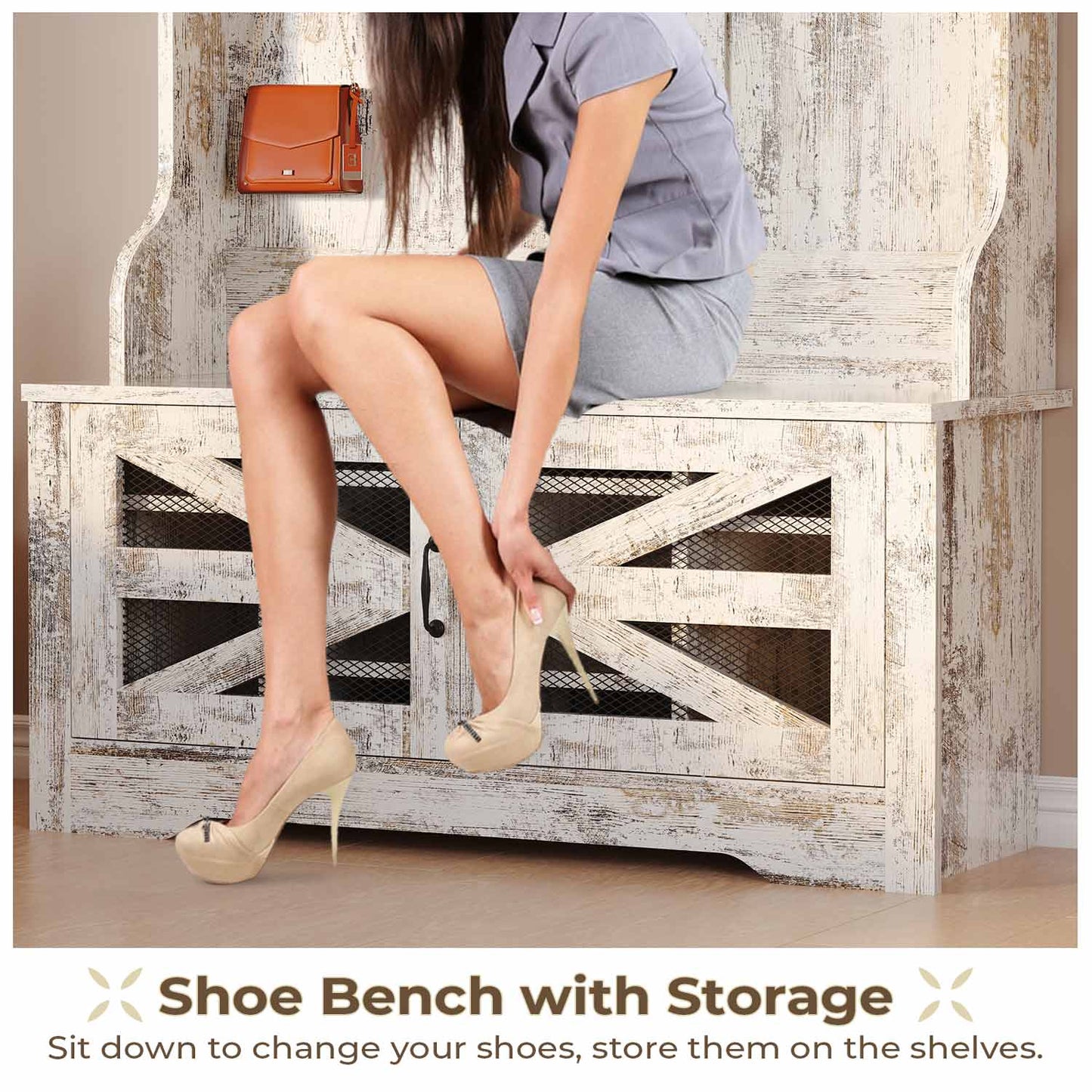 43.3 Inches Hall Tree with Bench and Shoe Storage Vintage White
