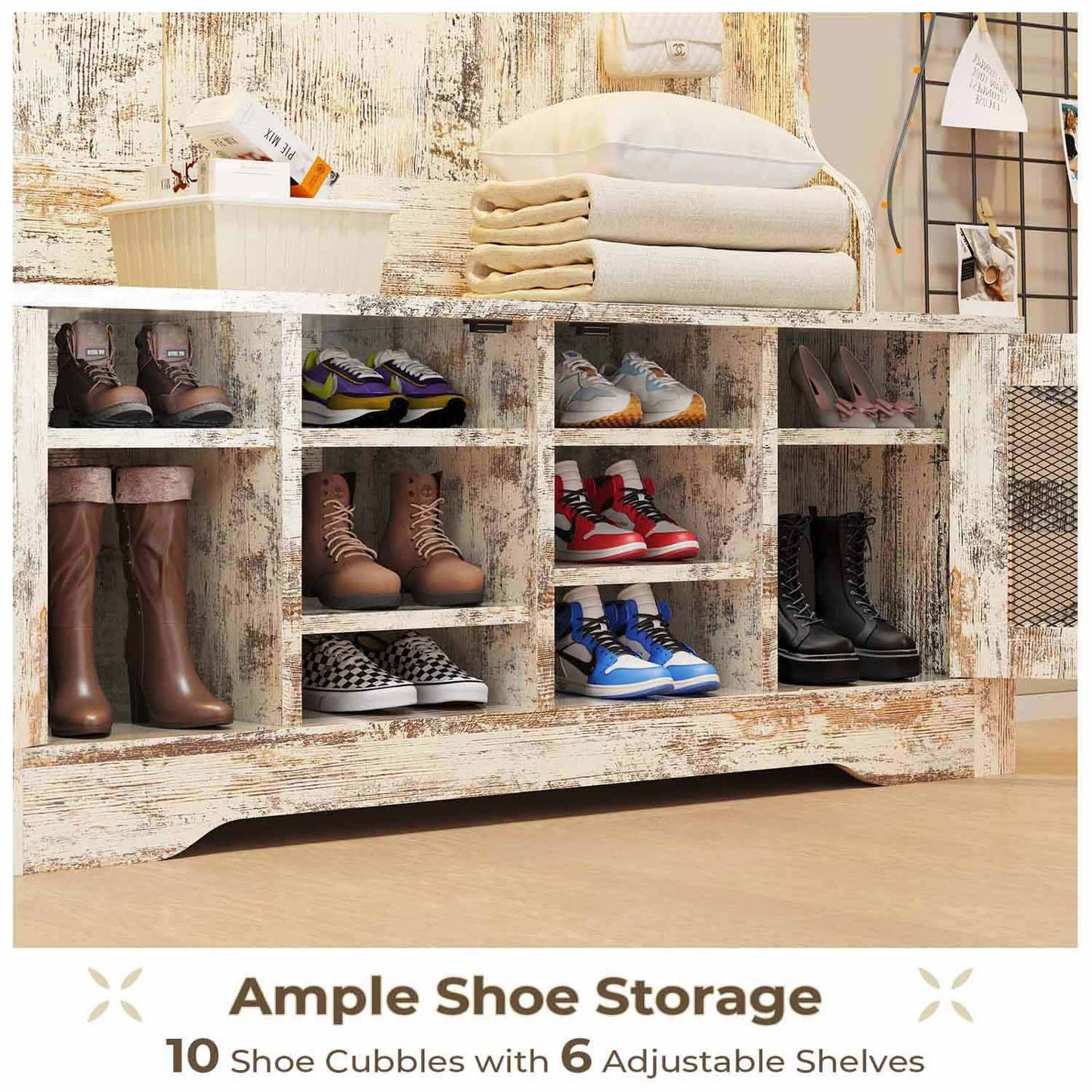 43.3 Inches Hall Tree with Bench and Shoe Storage Vintage White