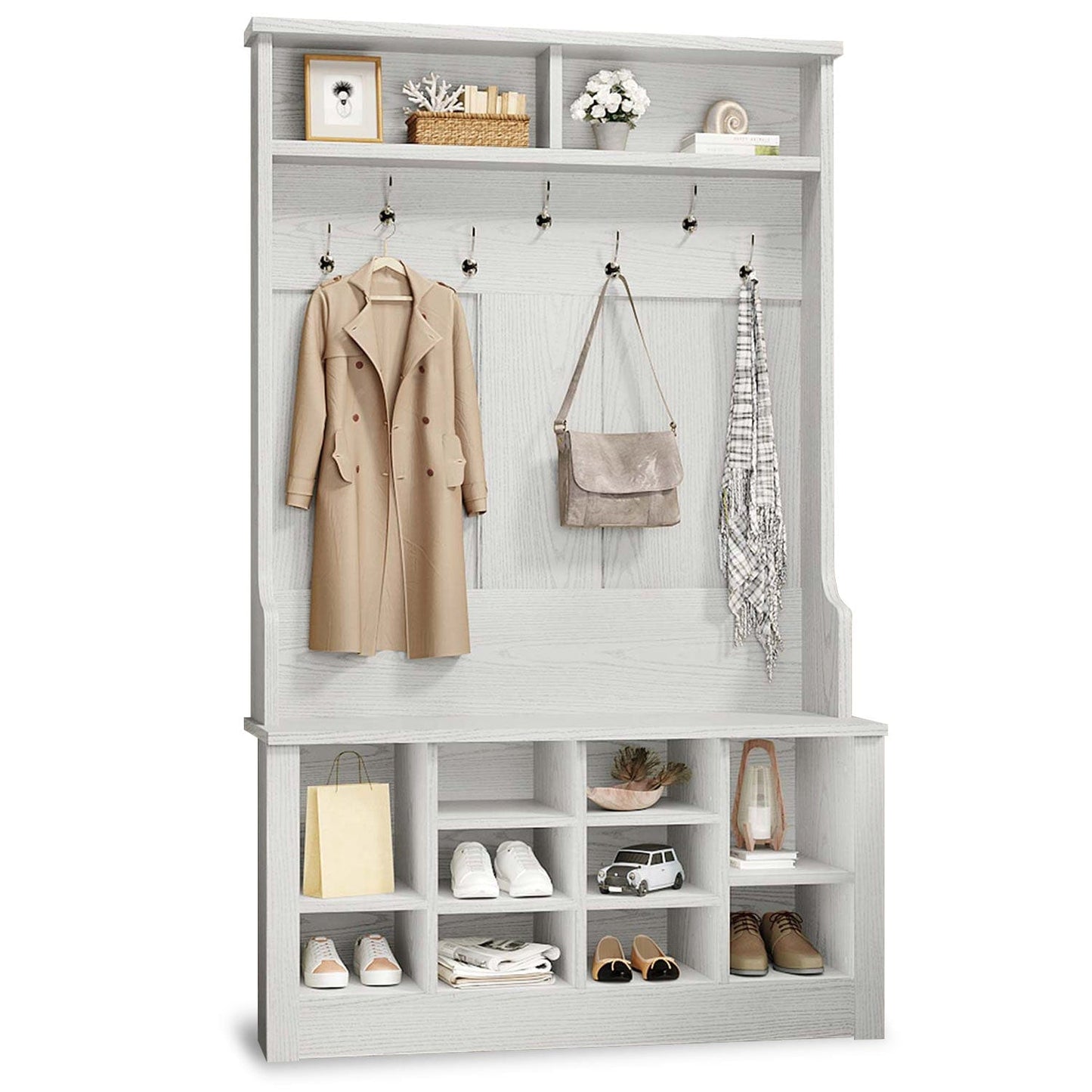 Hall Tree with Storage 3-in-1 Entryway Bench White