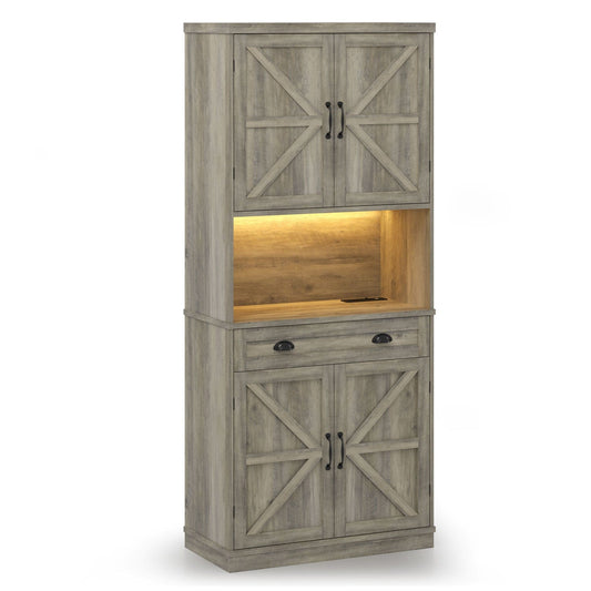 72.6 Inches Kitchen Pantry Cabinet with LED Lights Grey