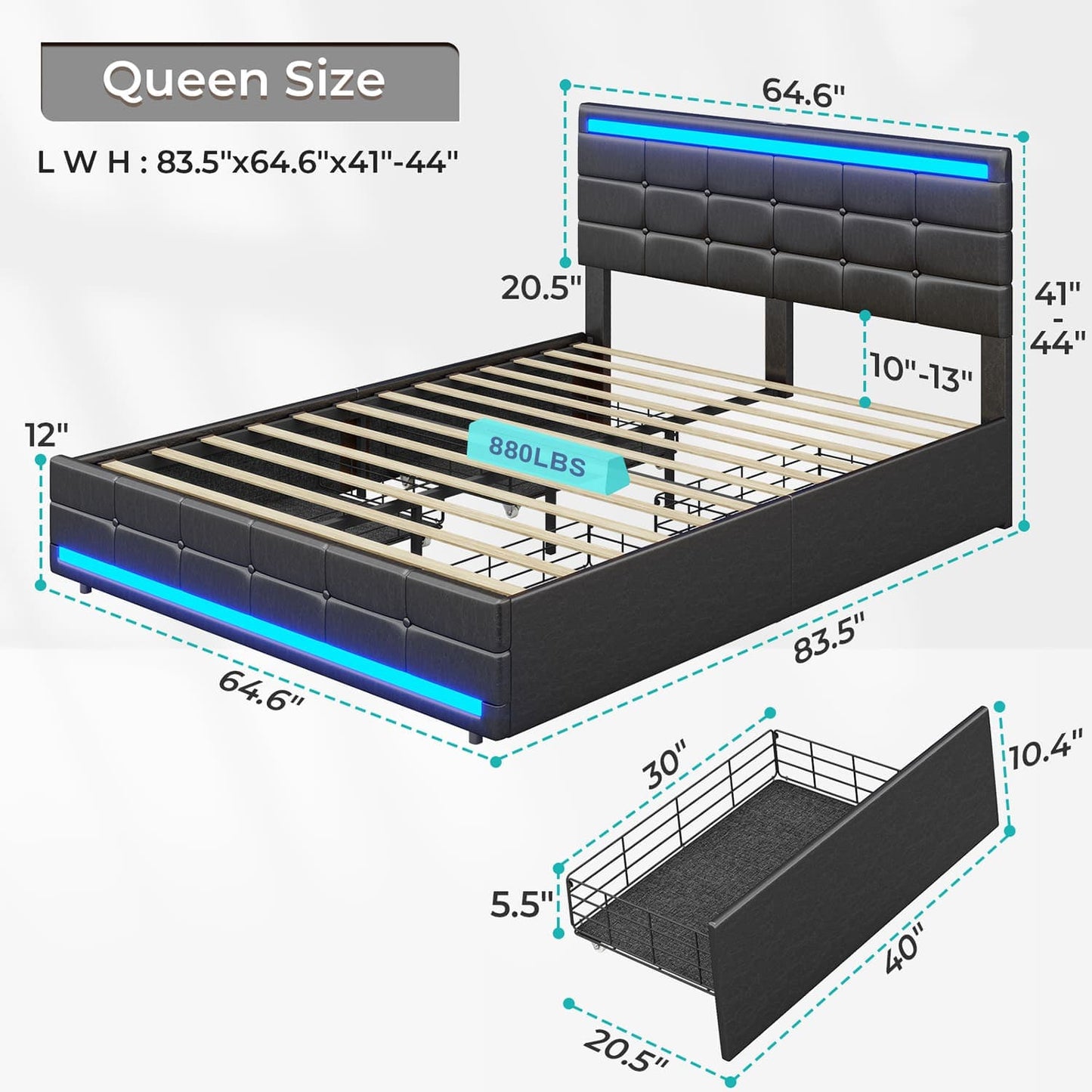 PU Leather Upholstered Bed Frame with 4 Storage Drawers Black