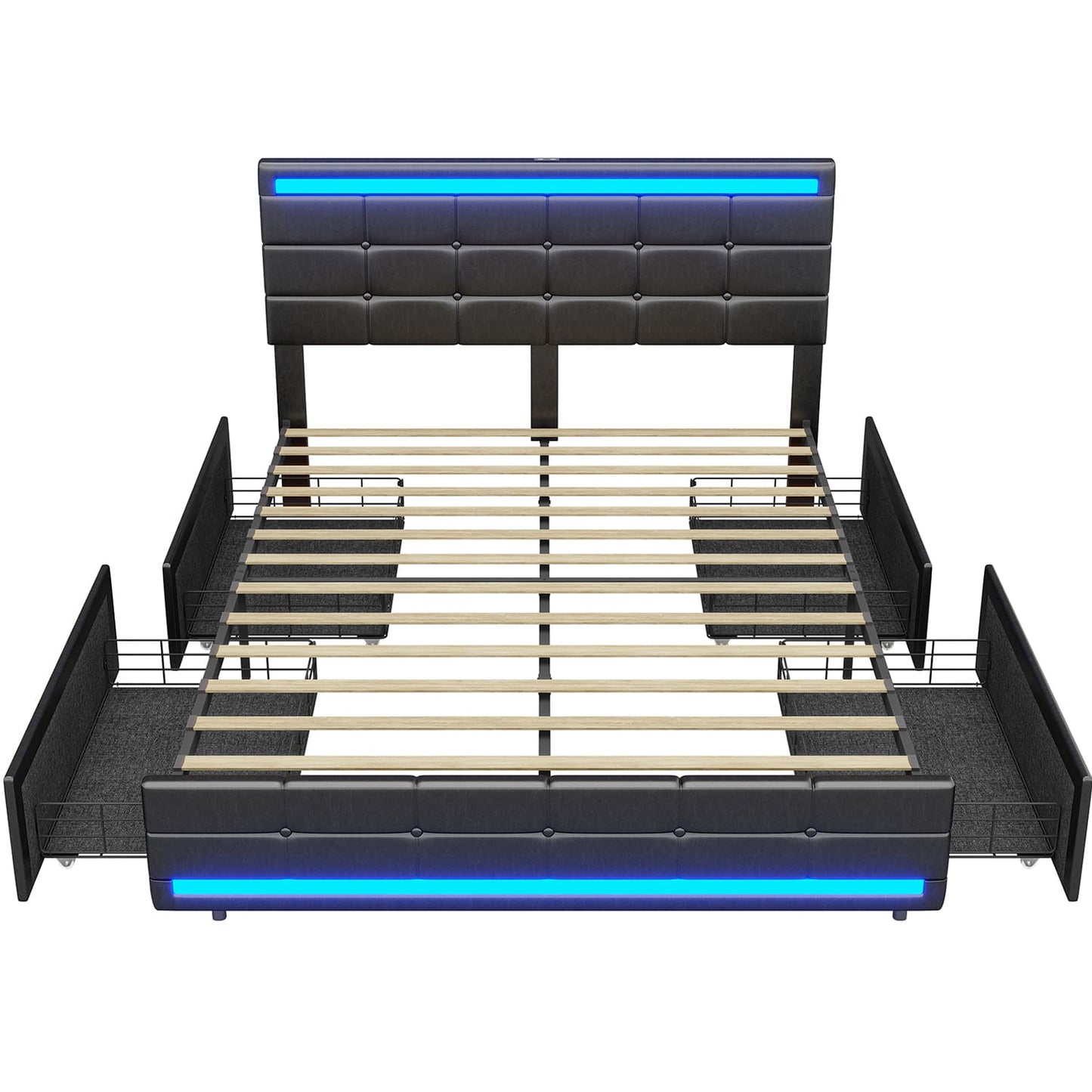 PU Leather Upholstered Bed Frame with 4 Storage Drawers Black