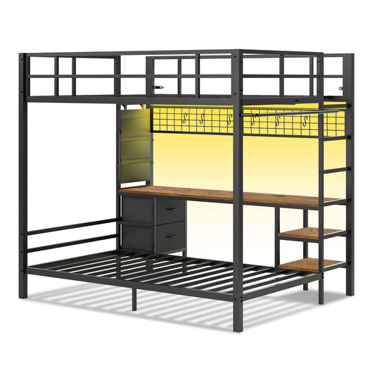 Full Size Over Twin Bunk Loft Bed Frame with Desk and Charging Station Black