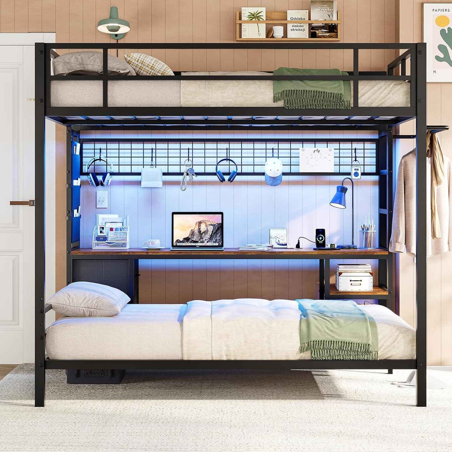Full Size Over Twin Bunk Loft Bed Frame with Desk and Charging Station Black