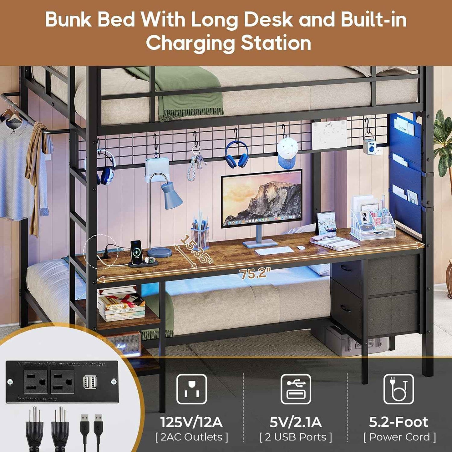 Full Size Over Twin Bunk Loft Bed Frame with Desk and Charging Station Black
