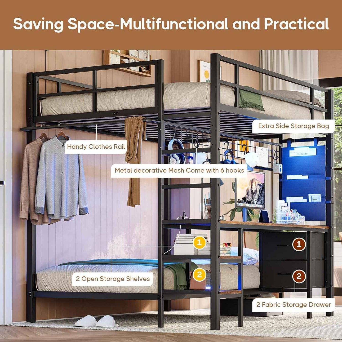 Full Size Over Twin Bunk Loft Bed Frame with Desk and Charging Station Black