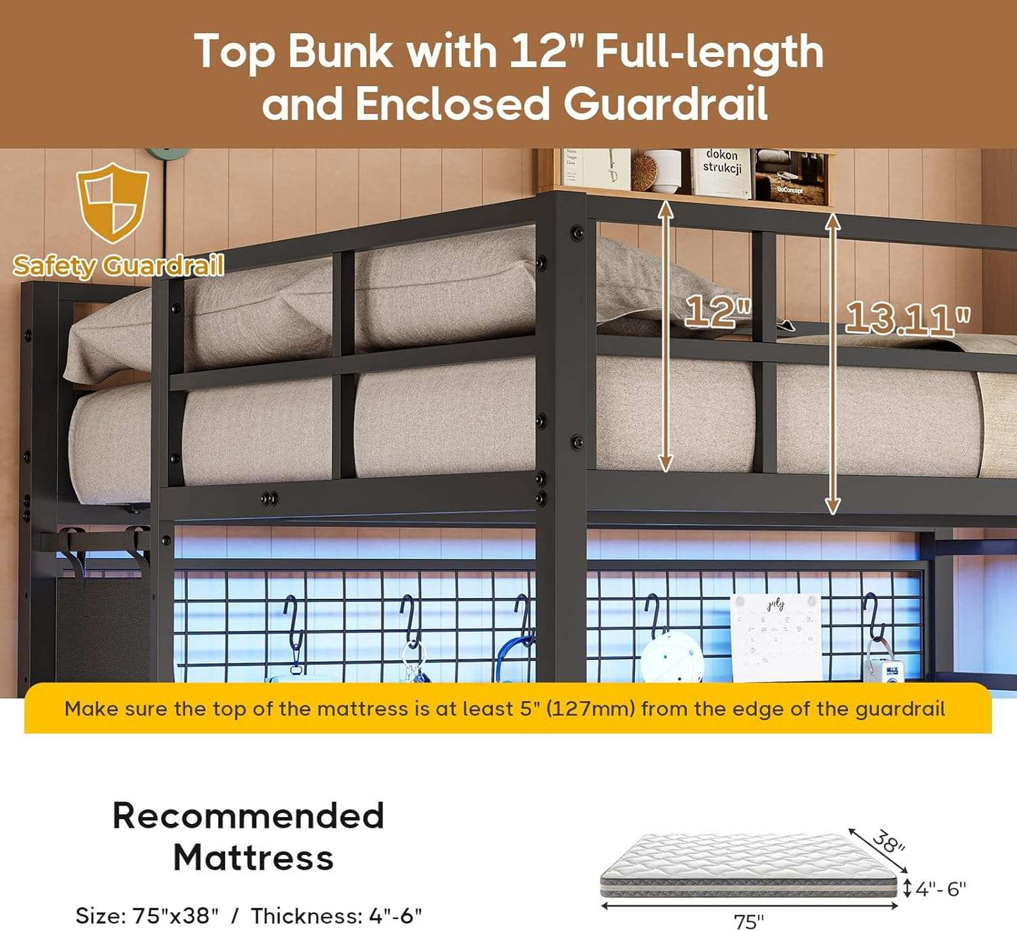 Full Size Over Twin Bunk Loft Bed Frame with Desk and Charging Station Black