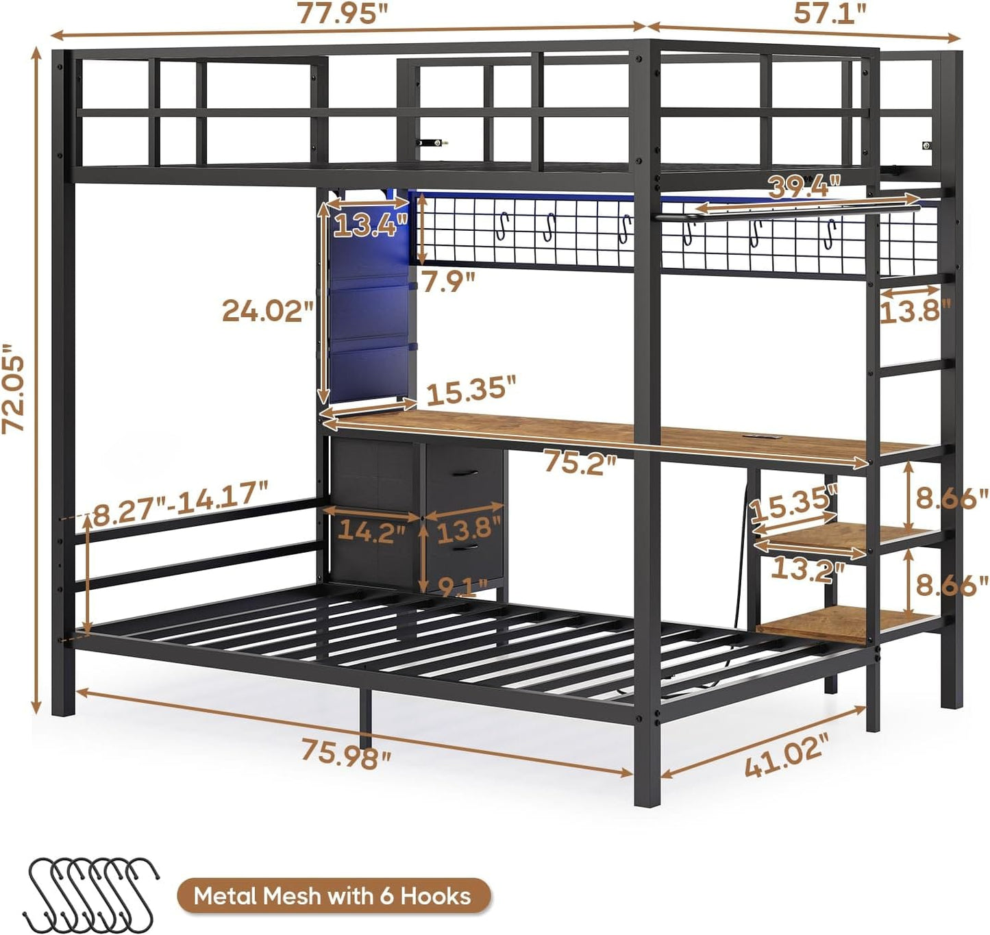Full Size Over Twin Bunk Loft Bed Frame with Desk and Charging Station Black