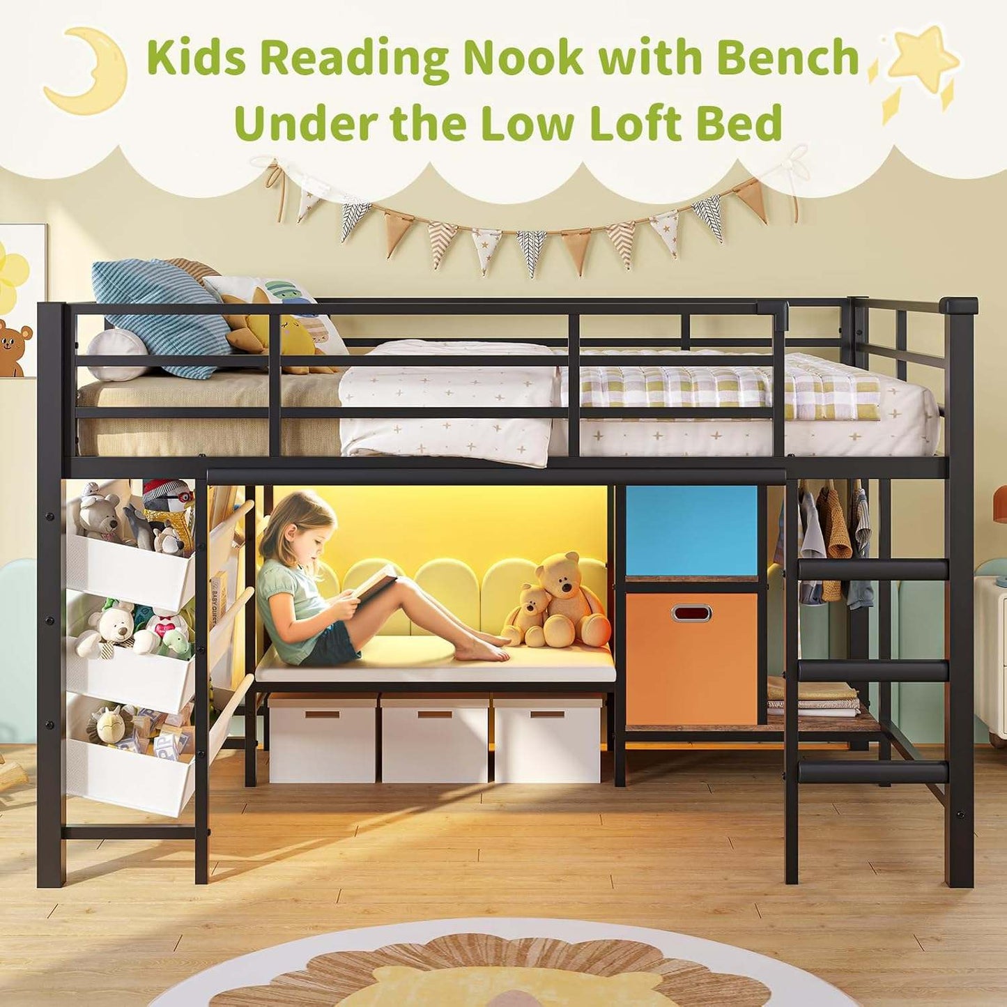 Low Loft Bed Twin Size with Reading Corner and Storage Basket Black