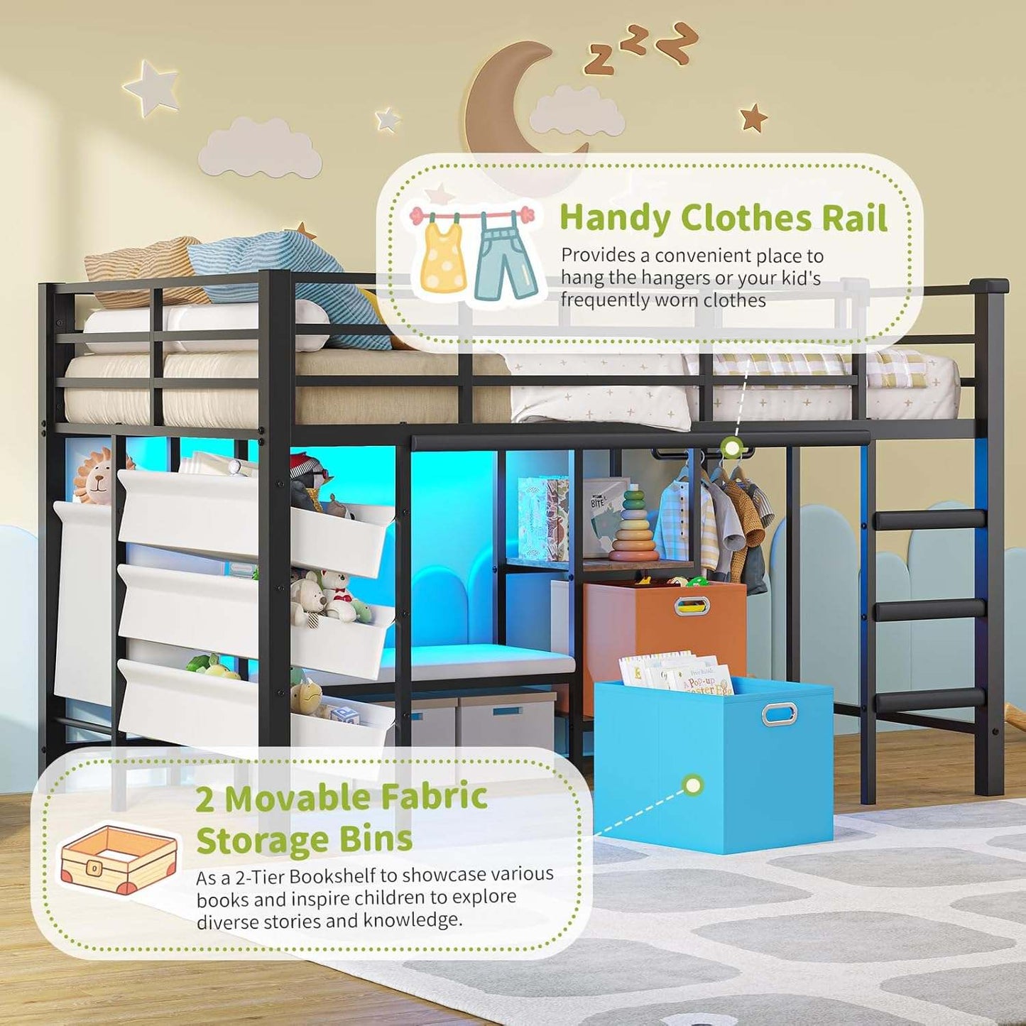 Low Loft Bed Twin Size with Reading Corner and Storage Basket Black