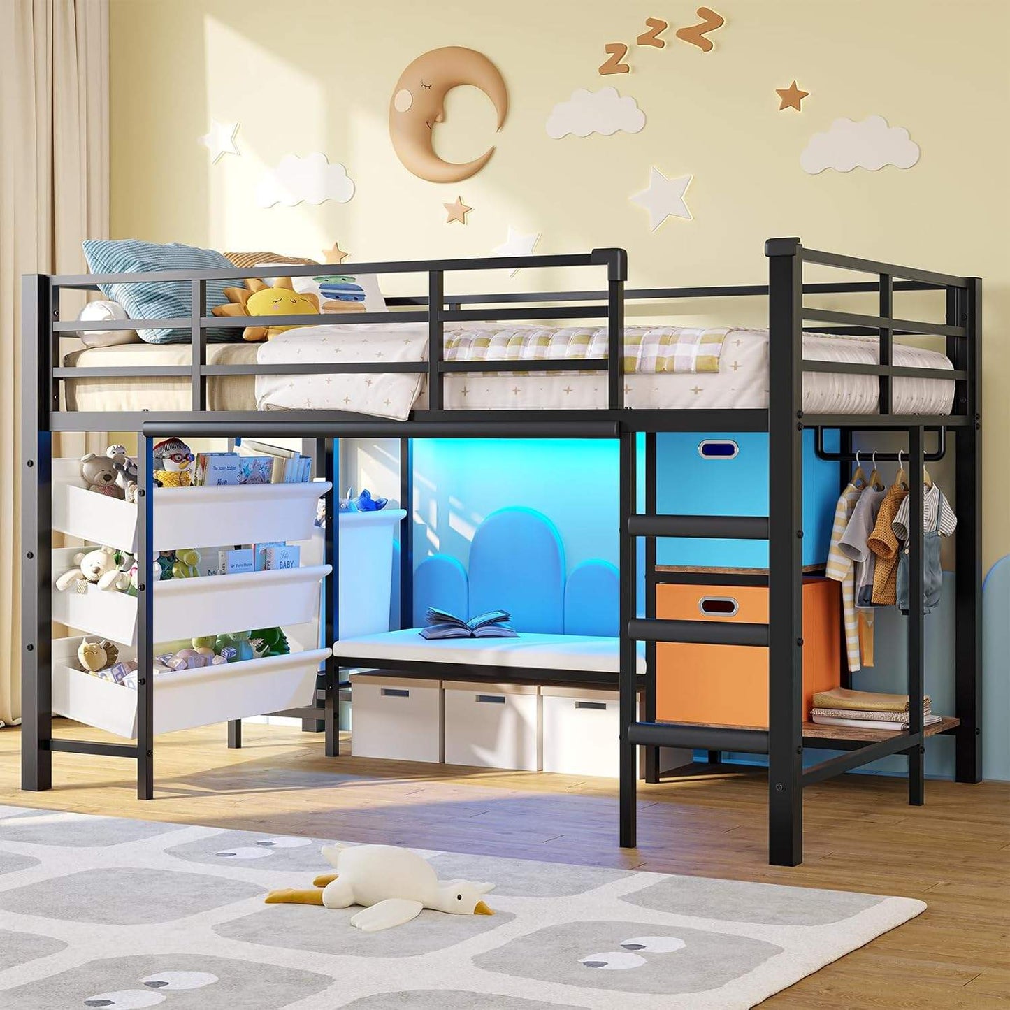 Low Loft Bed Twin Size with Reading Corner and Storage Basket Black