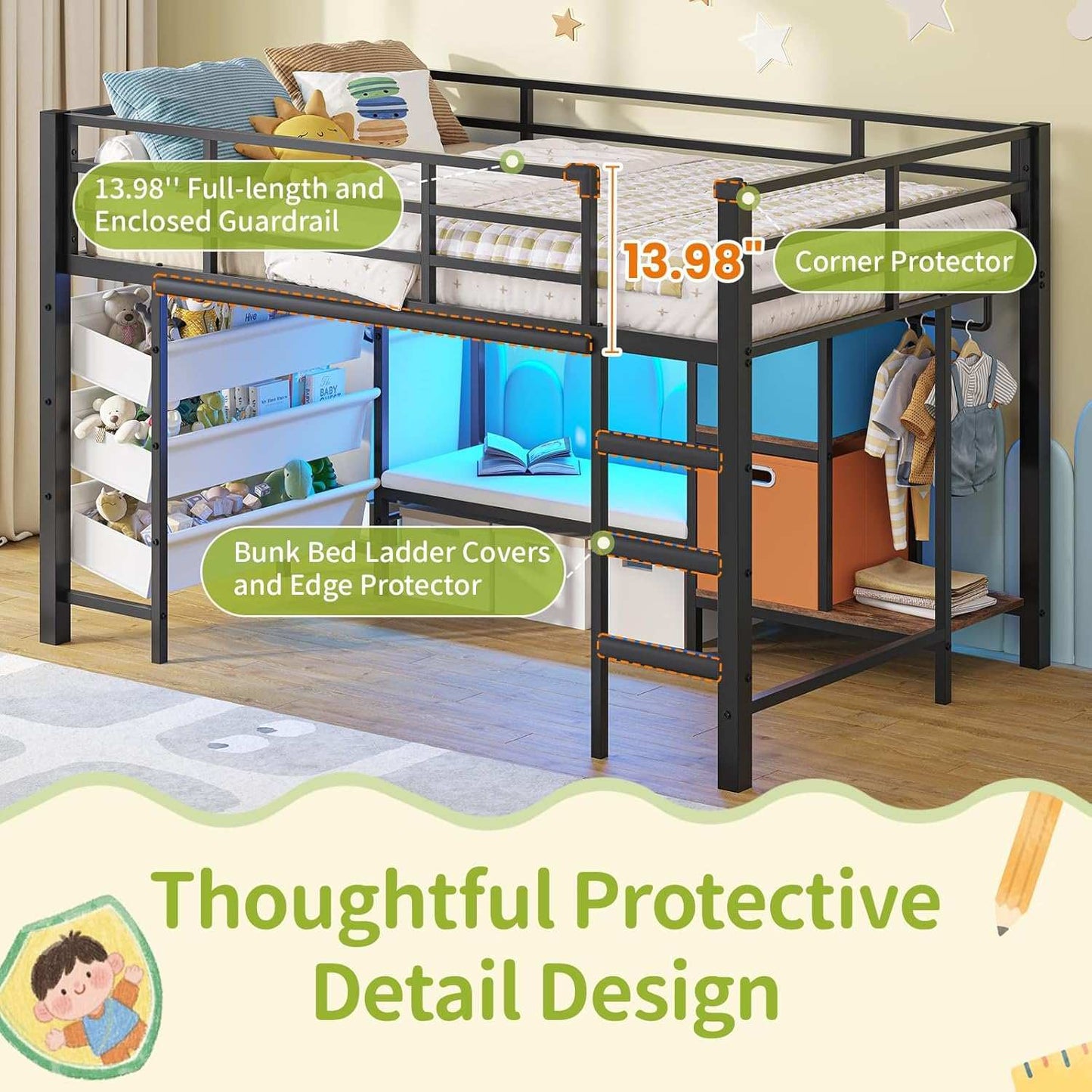 Low Loft Bed Twin Size with Reading Corner and Storage Basket Black