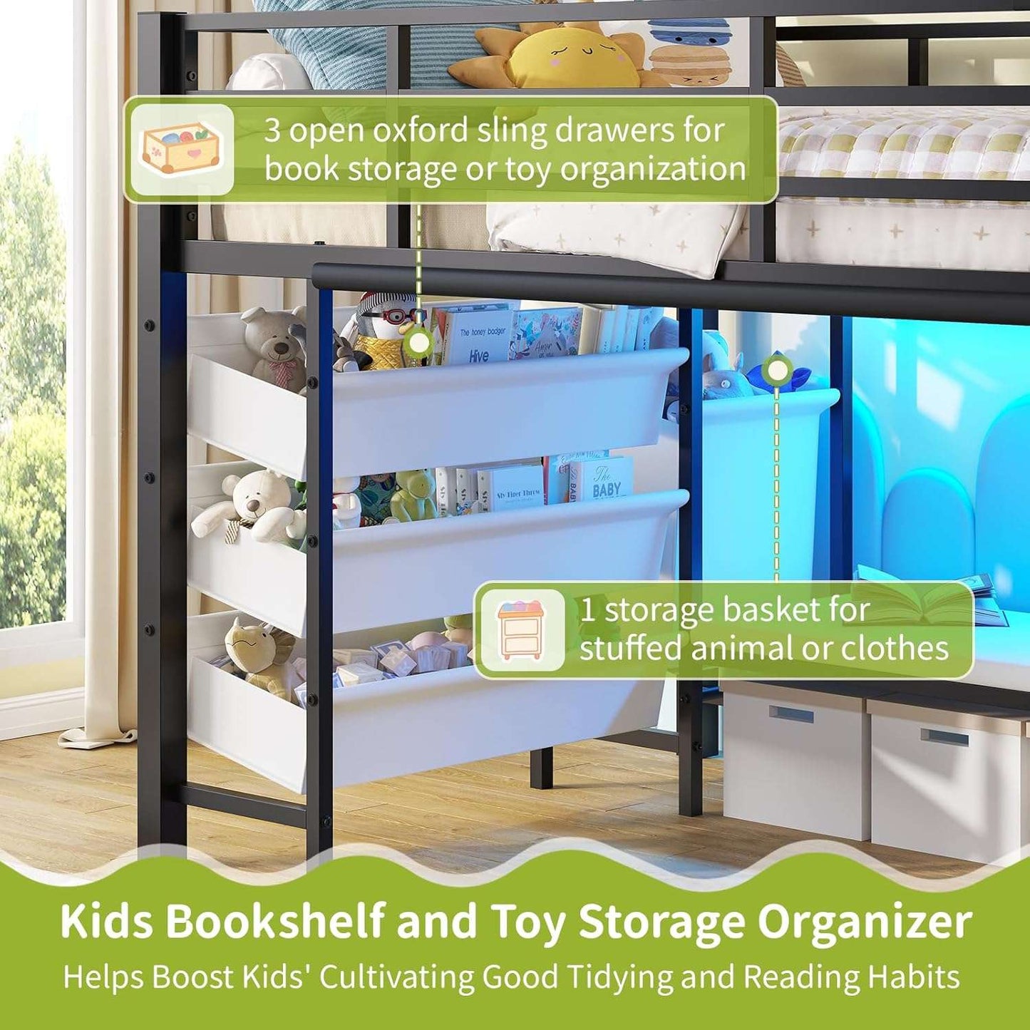 Low Loft Bed Twin Size with Reading Corner and Storage Basket Black