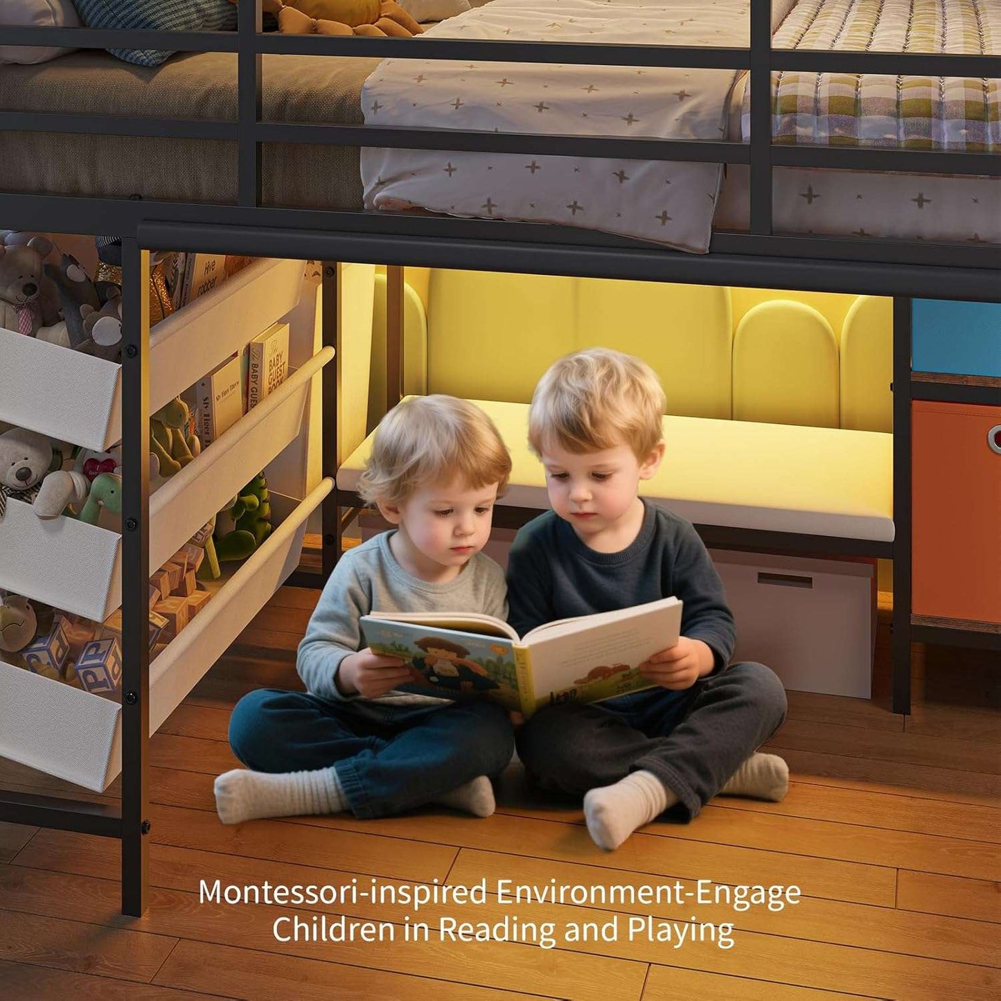 Low Loft Bed Twin Size with Reading Corner and Storage Basket Black