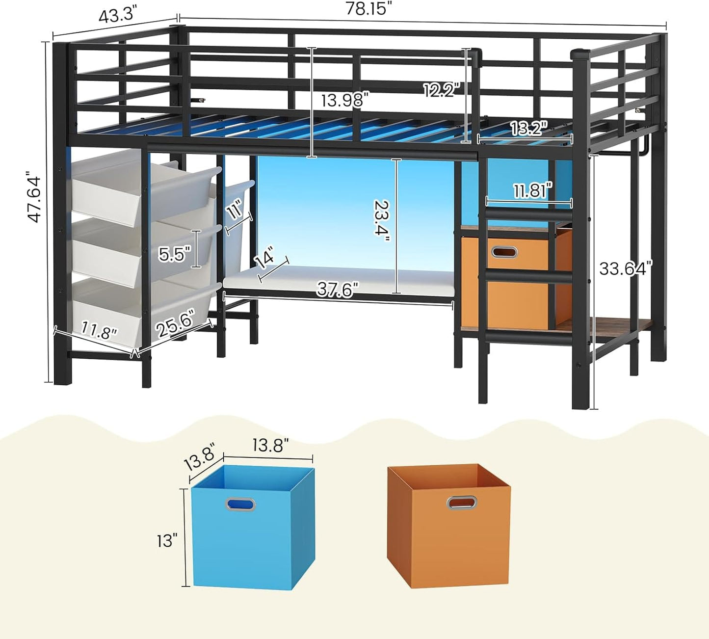 Low Loft Bed Twin Size with Reading Corner and Storage Basket Black
