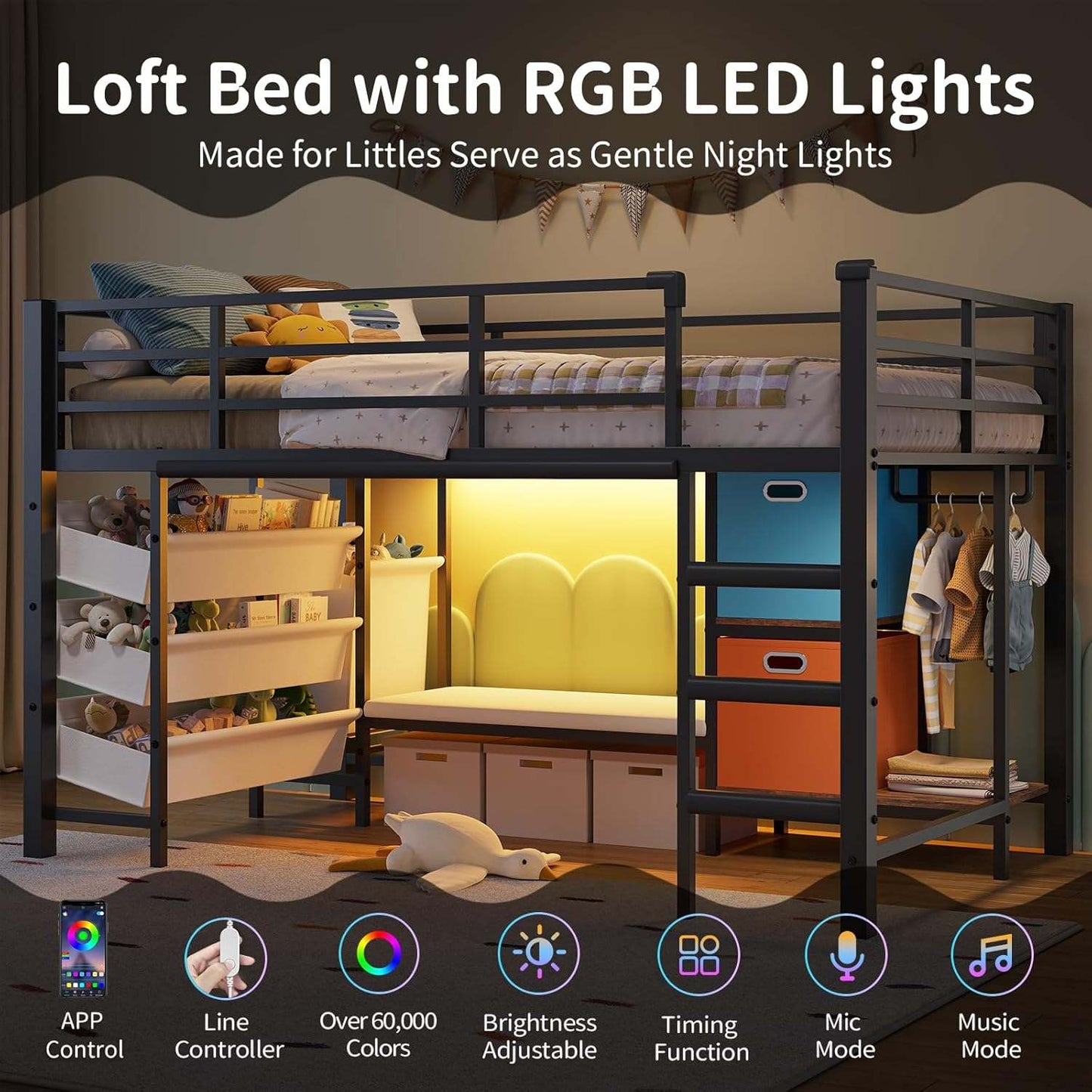 Low Loft Bed Twin Size with Reading Corner and Storage Basket Black