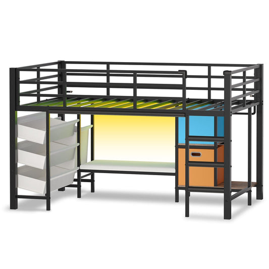 Low Loft Bed Twin Size with Reading Corner and Storage Basket Black