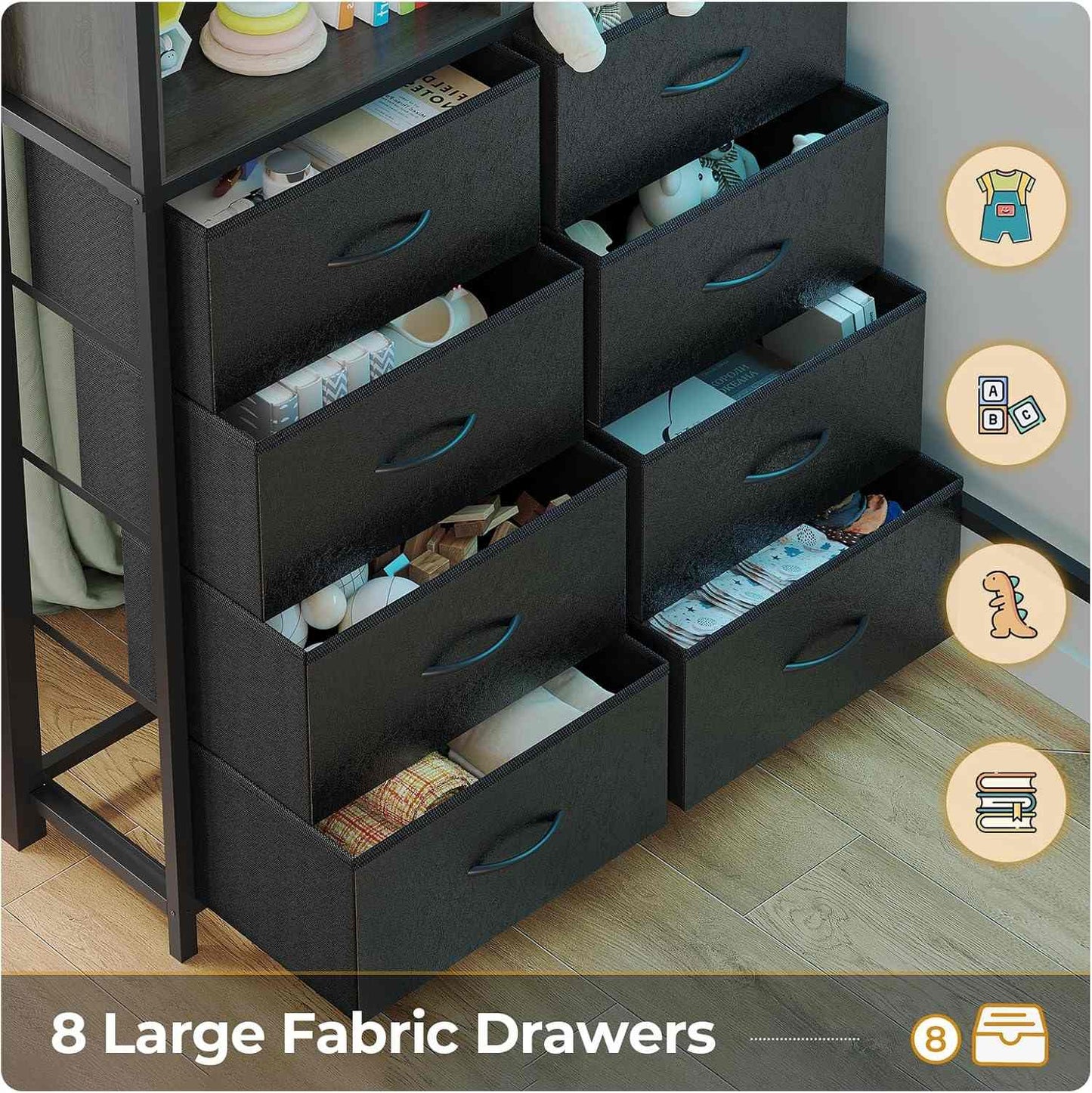 Twin Size LED Loft Bed Frame with Desk and 8 Drawers Grey
